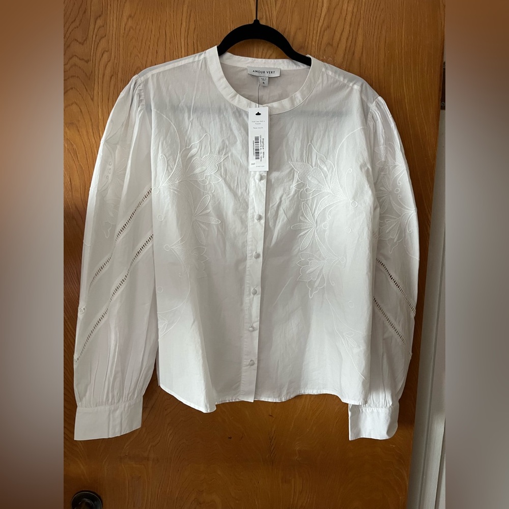Amour Vert Angelique white embroidered button down collarless poplin blouse XL - Picture 2 of 13